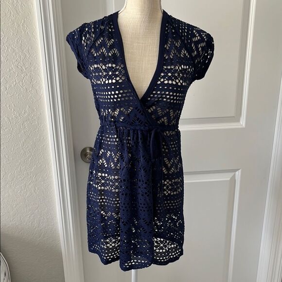 Robin Piccone Blue Crochet Swim Coverup with Tie Waist - Picture 1 of 13
